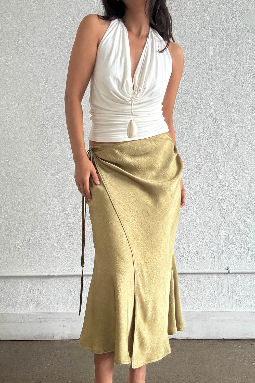 Satin Side Tie Midi Wrap Skirt