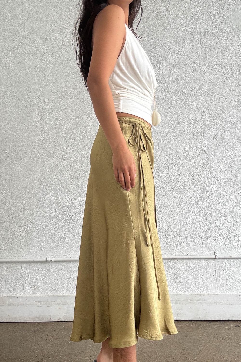 Satin Side Tie Midi Wrap Skirt