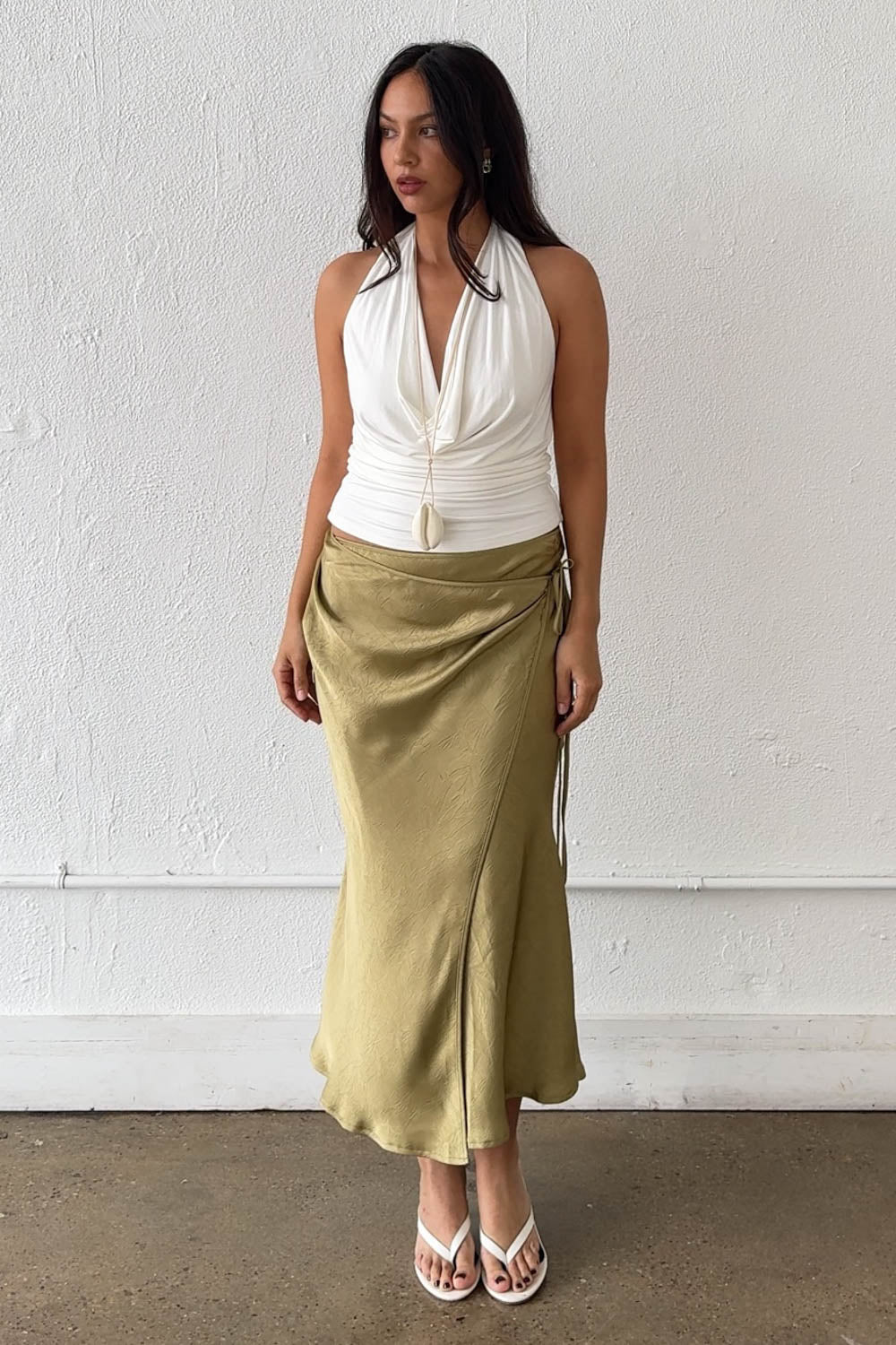Satin Side Tie Midi Wrap Skirt
