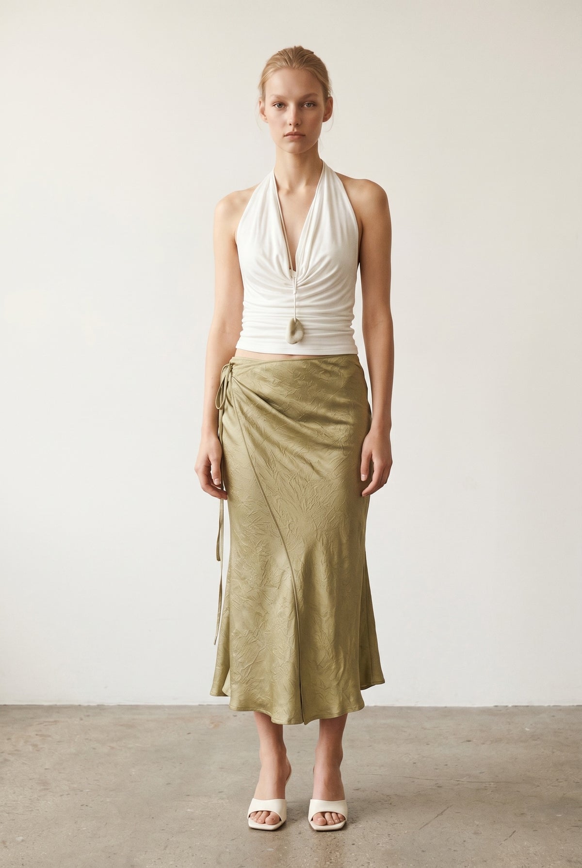 Satin Side Tie Midi Wrap Skirt