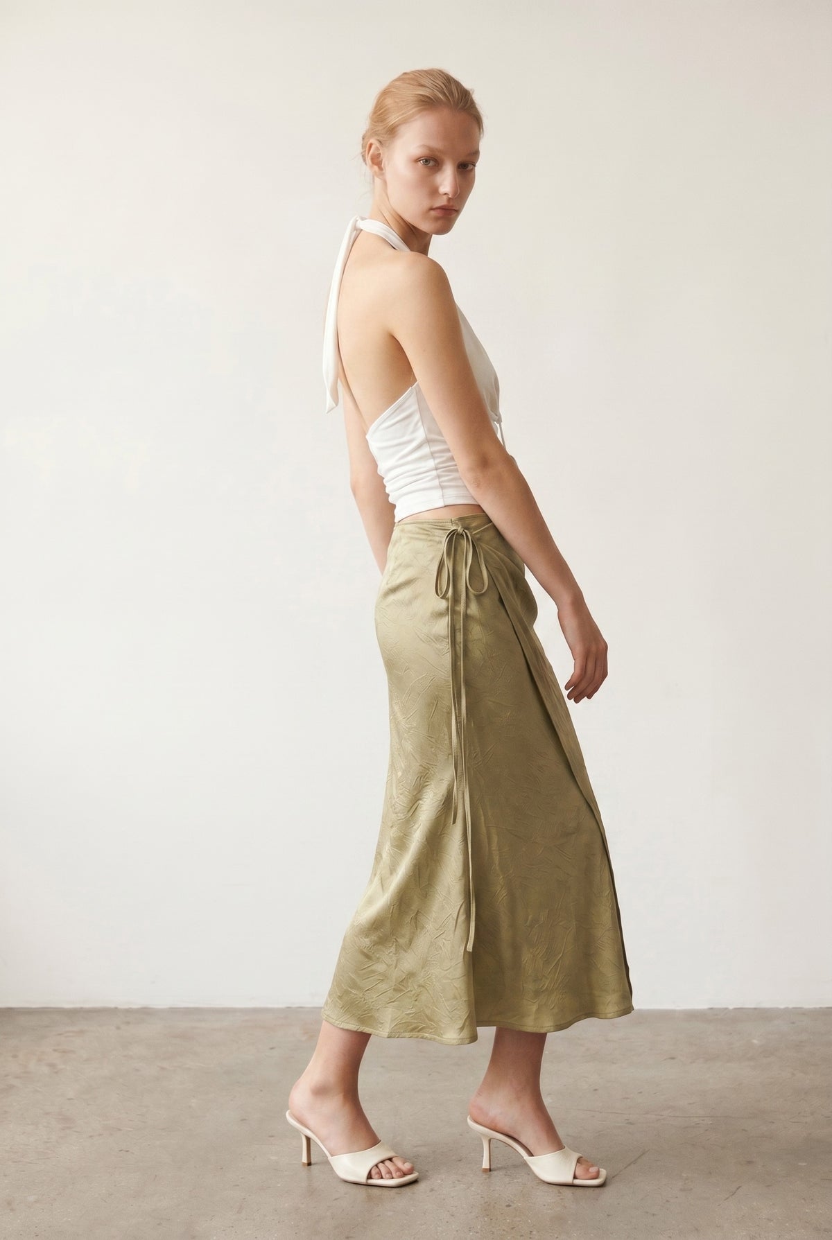 Satin Side Tie Midi Wrap Skirt