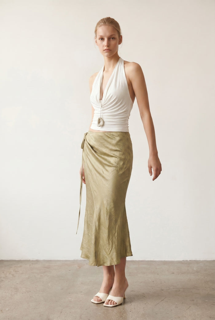 Satin Side Tie Midi Wrap Skirt
