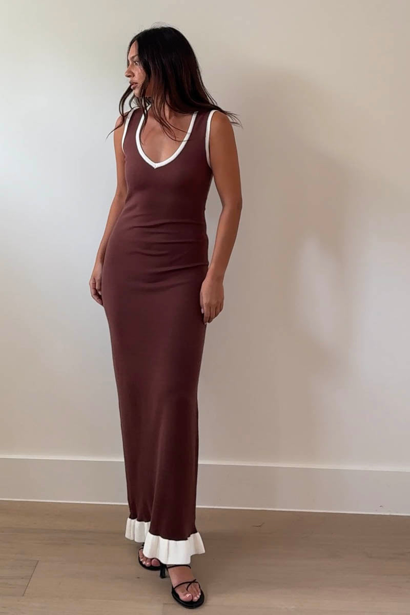 Knit V-Neck Frill Hem Maxi Dress