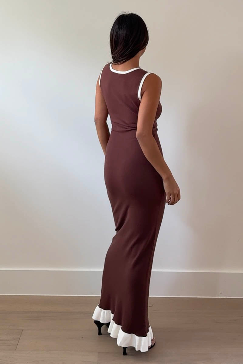 Knit V-Neck Frill Hem Maxi Dress