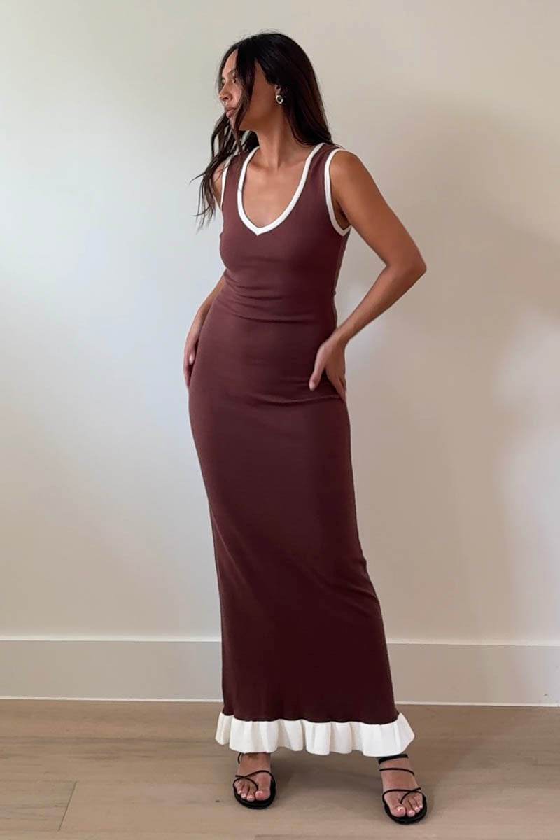 Knit V-Neck Frill Hem Maxi Dress