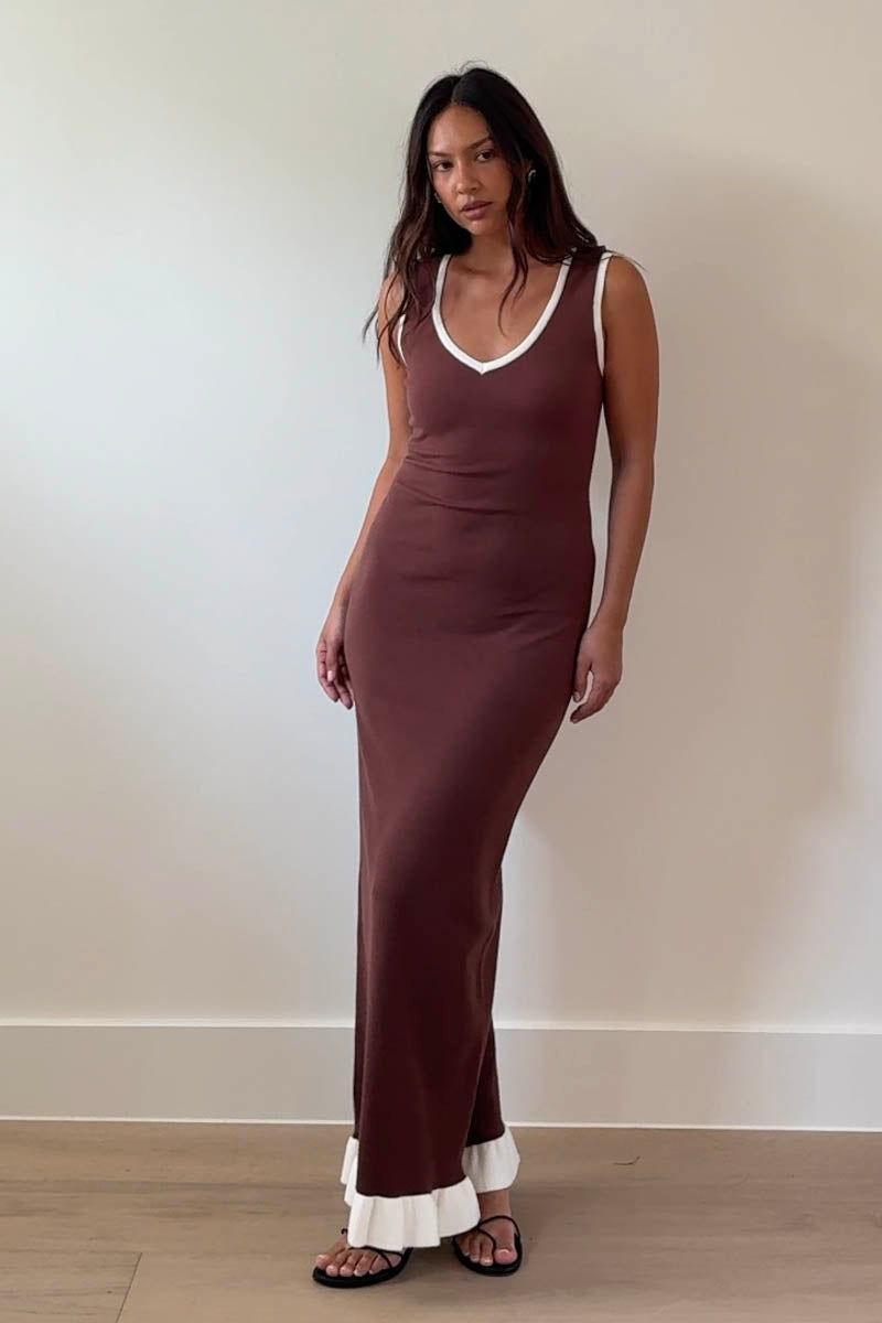 Knit V-Neck Frill Hem Maxi Dress