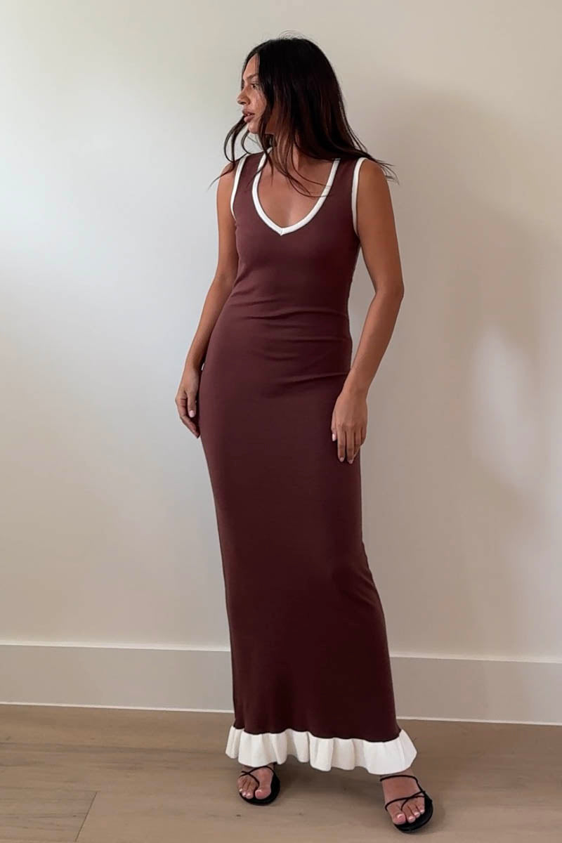 Knit V-Neck Frill Hem Maxi Dress