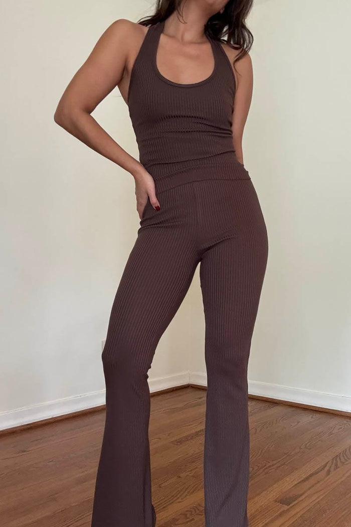 Ribbed Knit Halter Top Flare Pants Set