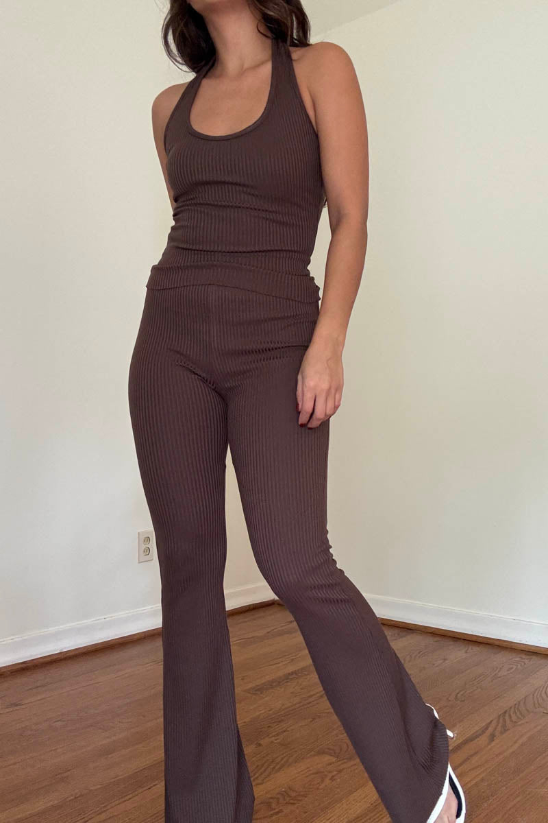 Ribbed Knit Halter Top Flare Pants Set