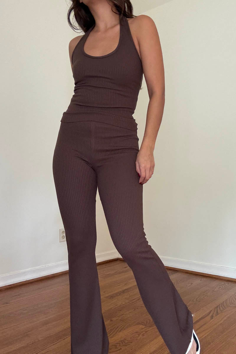 Ribbed Knit Halter Top Flare Pants Set