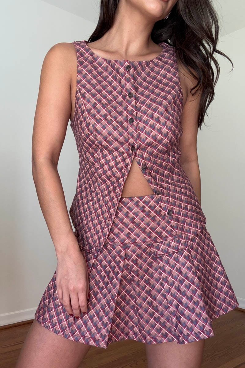 Plaid Sleeveless Vest Pleated Mini Skirt Set