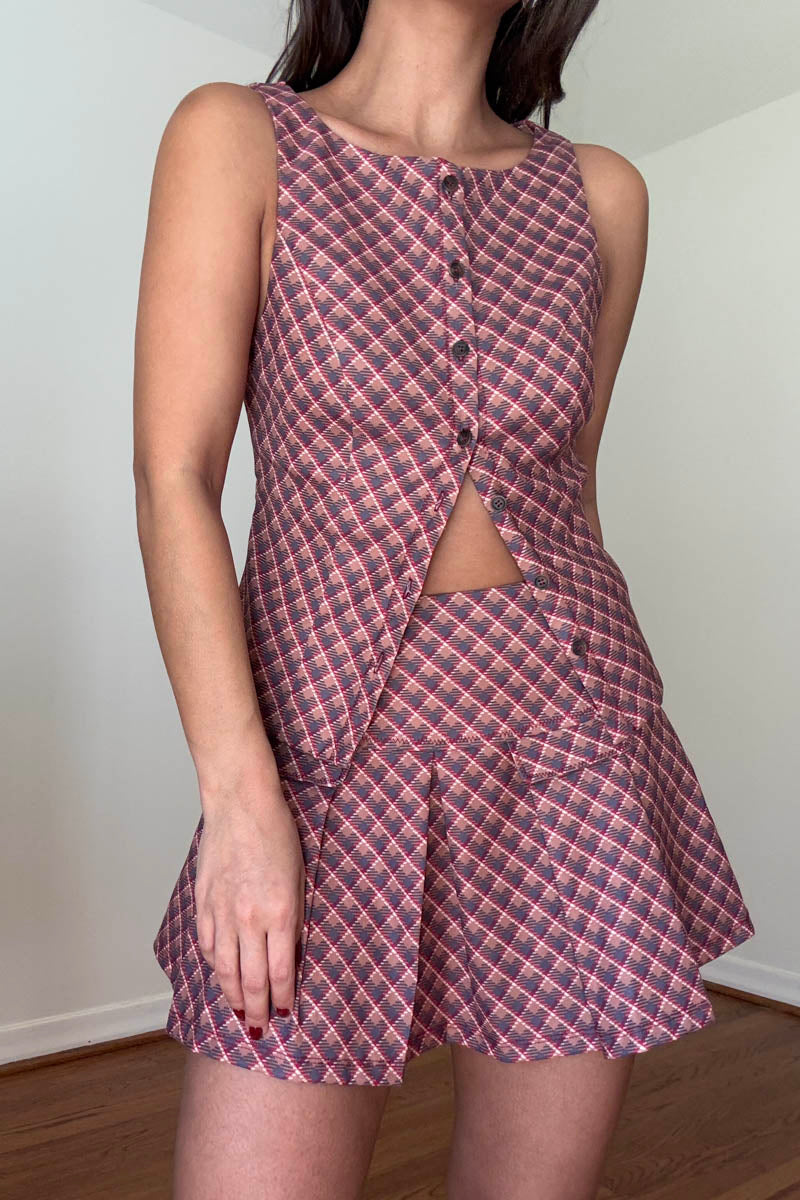 Plaid Sleeveless Vest Pleated Mini Skirt Set