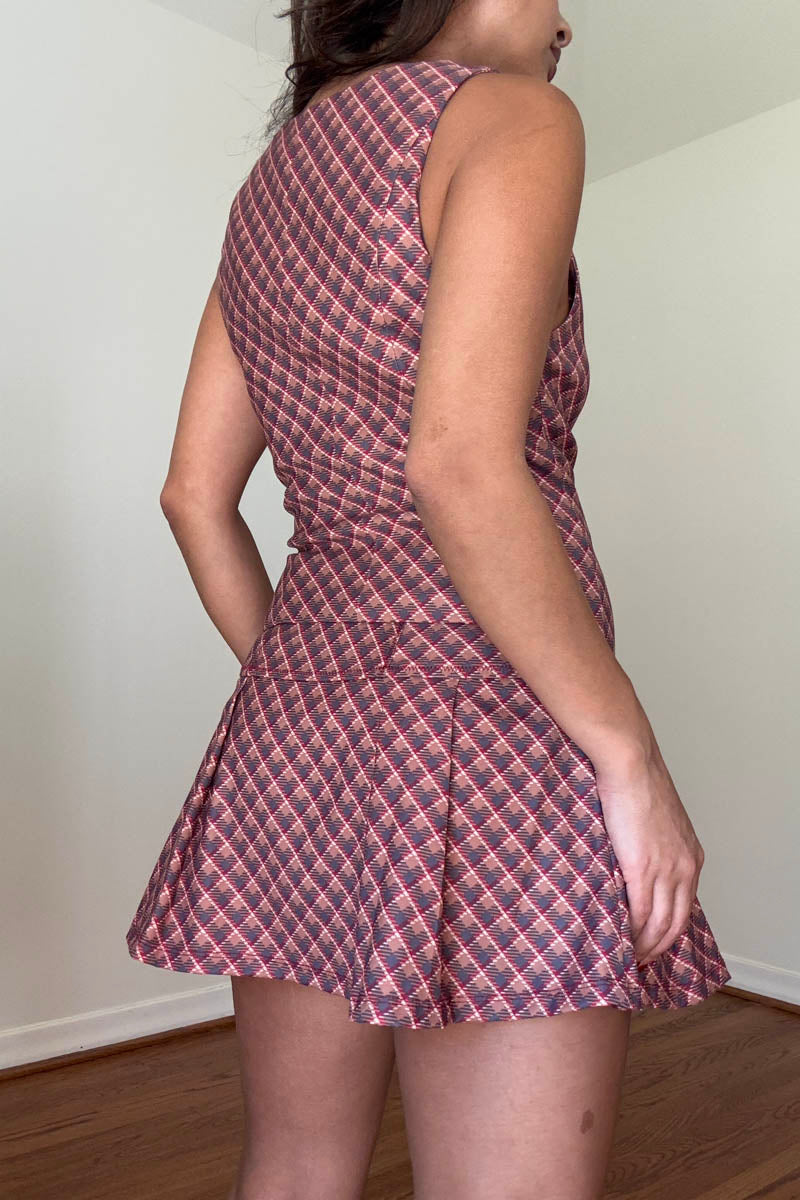 Plaid Sleeveless Vest Pleated Mini Skirt Set