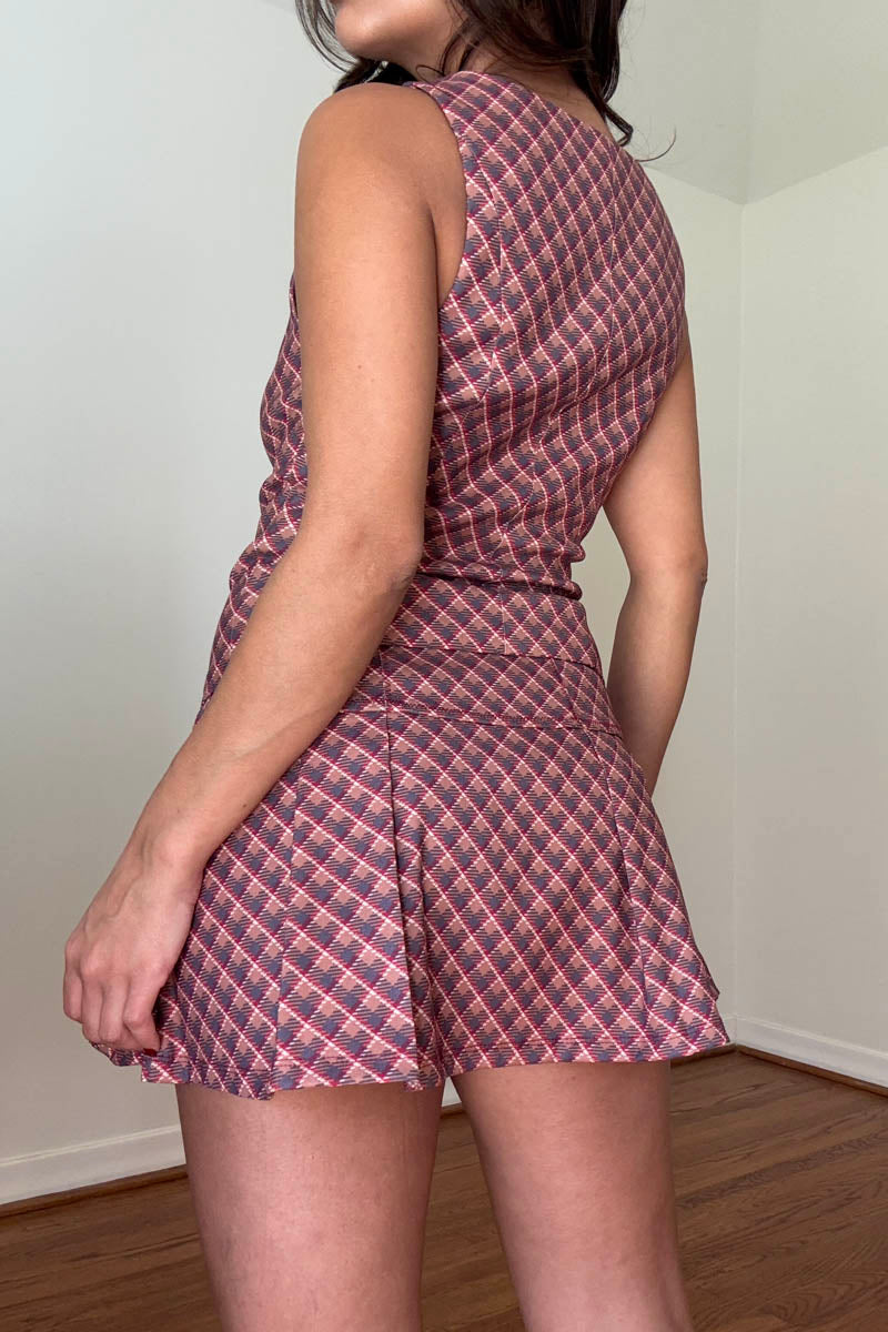 Plaid Sleeveless Vest Pleated Mini Skirt Set