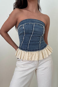 Eyelet Frill Hem Strapless Denim Top
