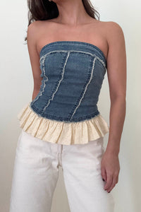 Eyelet Frill Hem Strapless Denim Top
