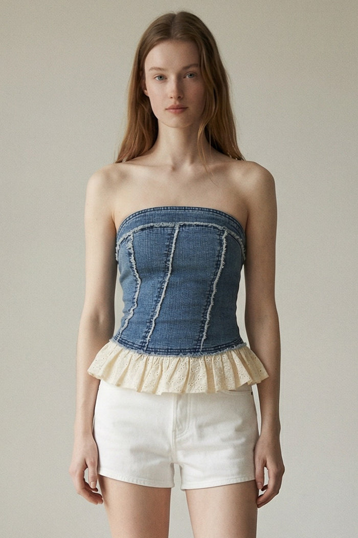 Eyelet Frill Hem Strapless Denim Top