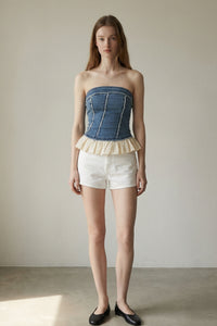 Eyelet Frill Hem Strapless Denim Top