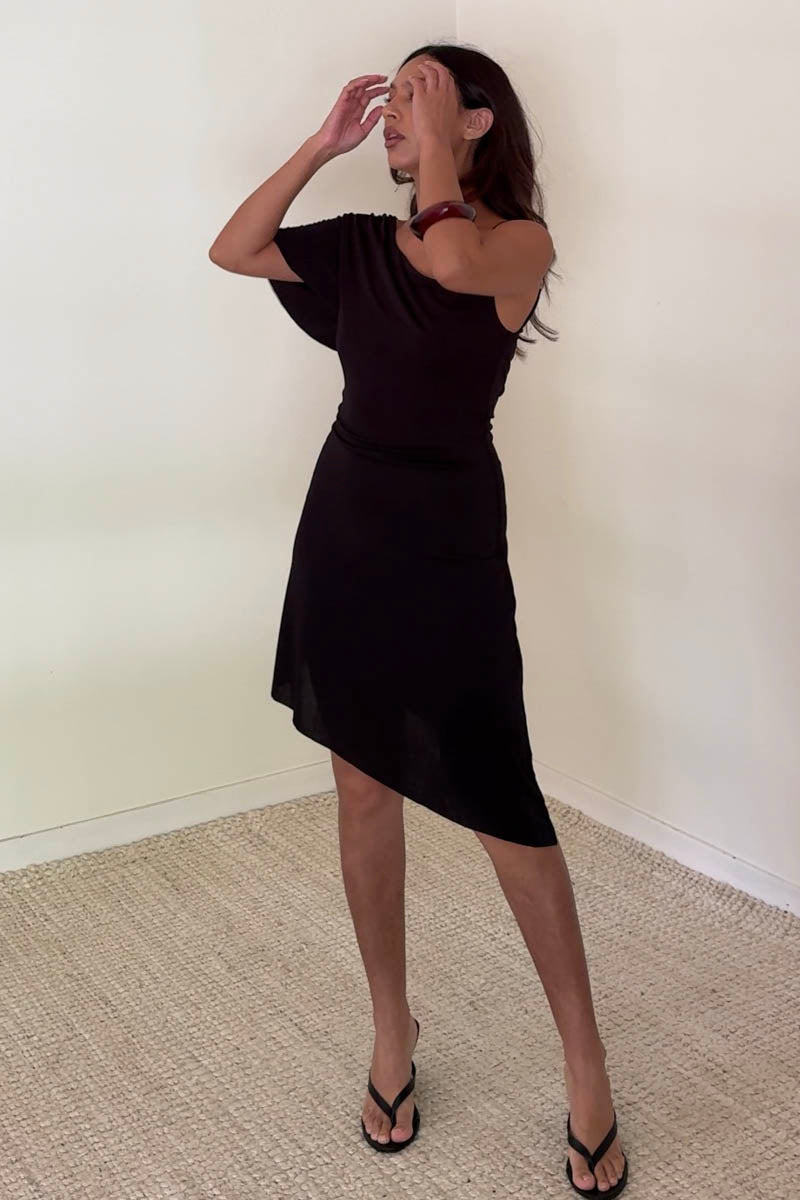 Cowl Neck Asymmetric Hem Mini Dress