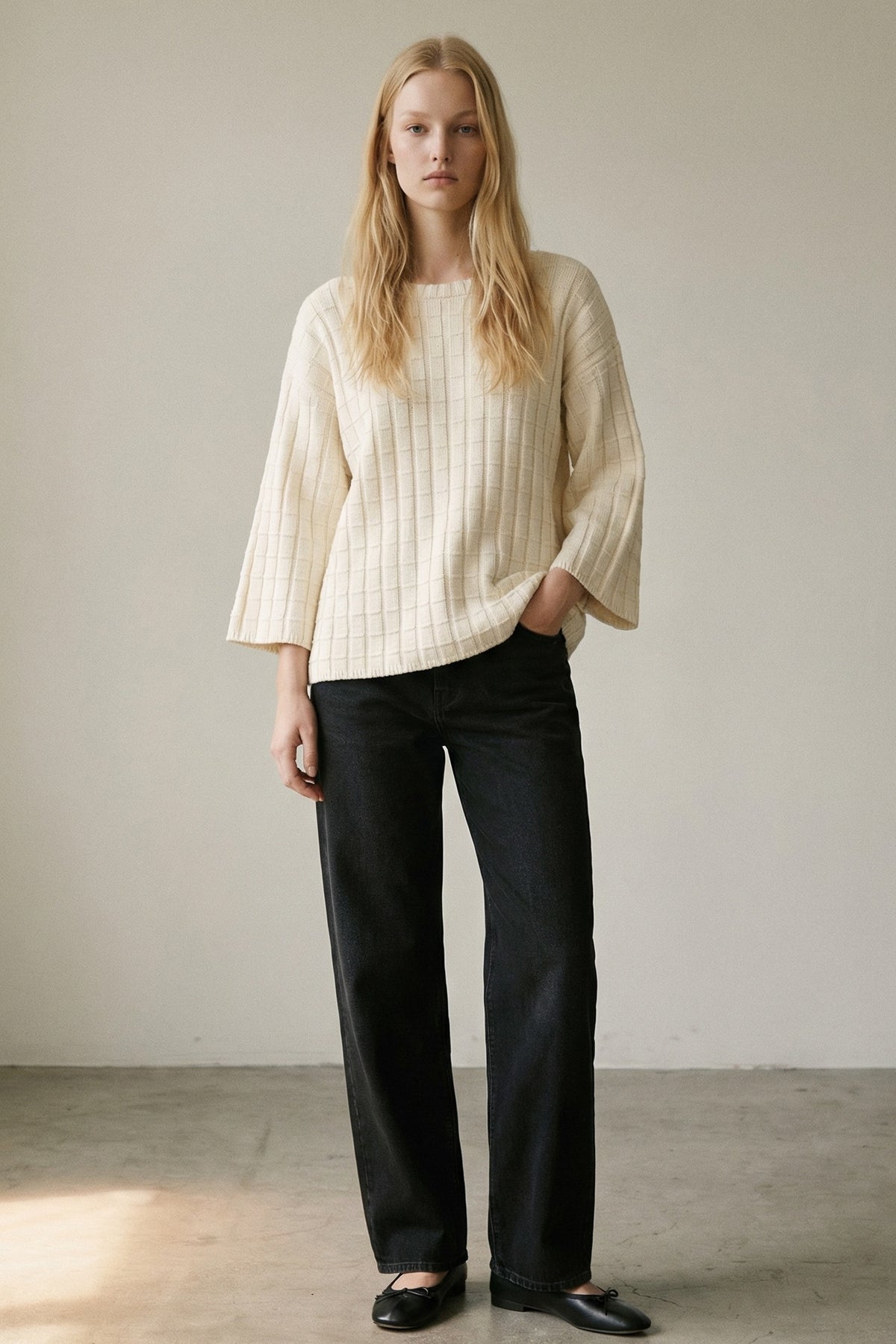 Cotton Boat Neckline 3/4 Sleeve Sweater Top