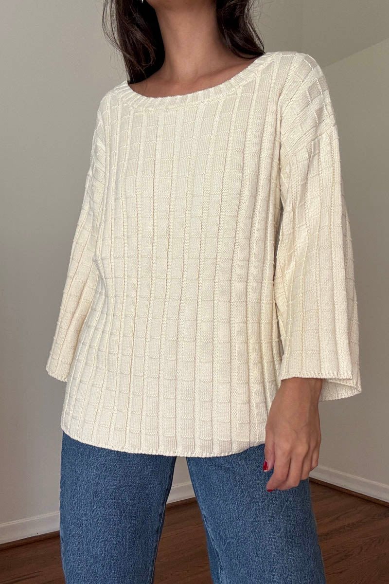 Cotton Boat Neckline 3/4 Sleeve Sweater Top