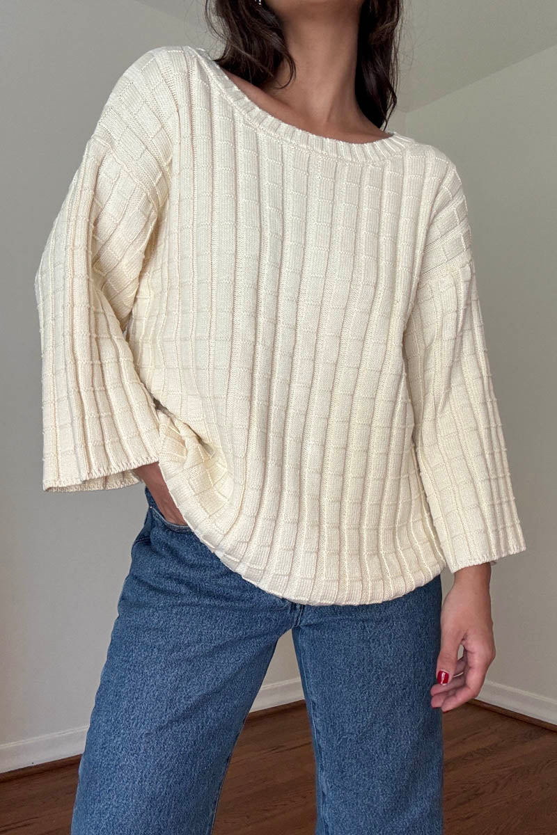 Cotton Boat Neckline 3/4 Sleeve Sweater Top