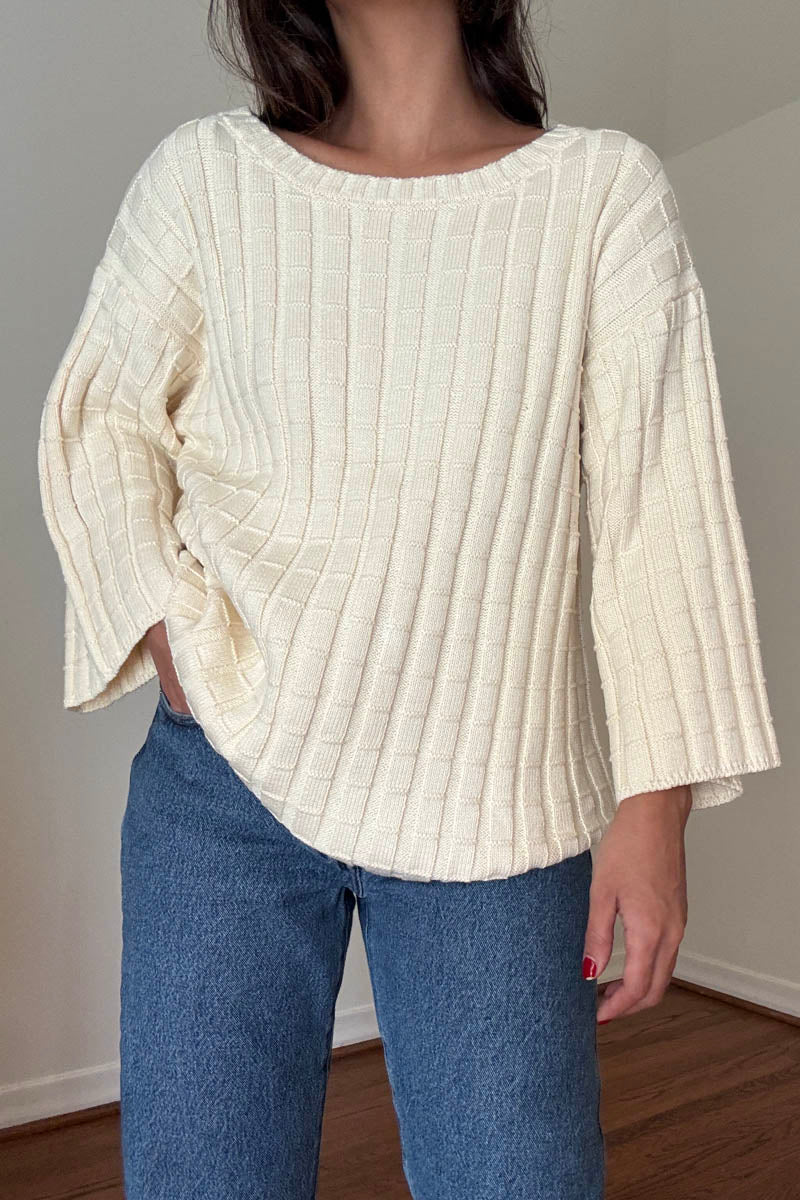 Cotton Boat Neckline 3/4 Sleeve Sweater Top