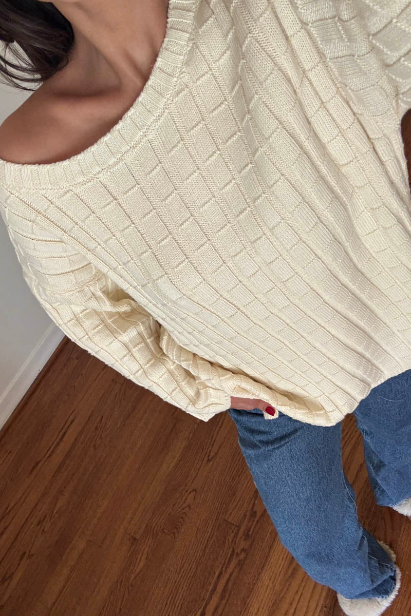 Cotton Boat Neckline 3/4 Sleeve Sweater Top