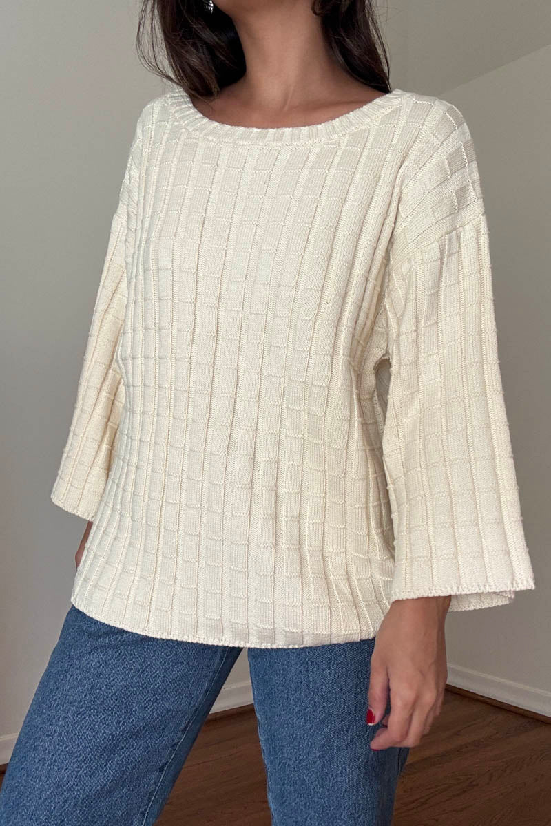 Cotton Boat Neckline 3/4 Sleeve Sweater Top