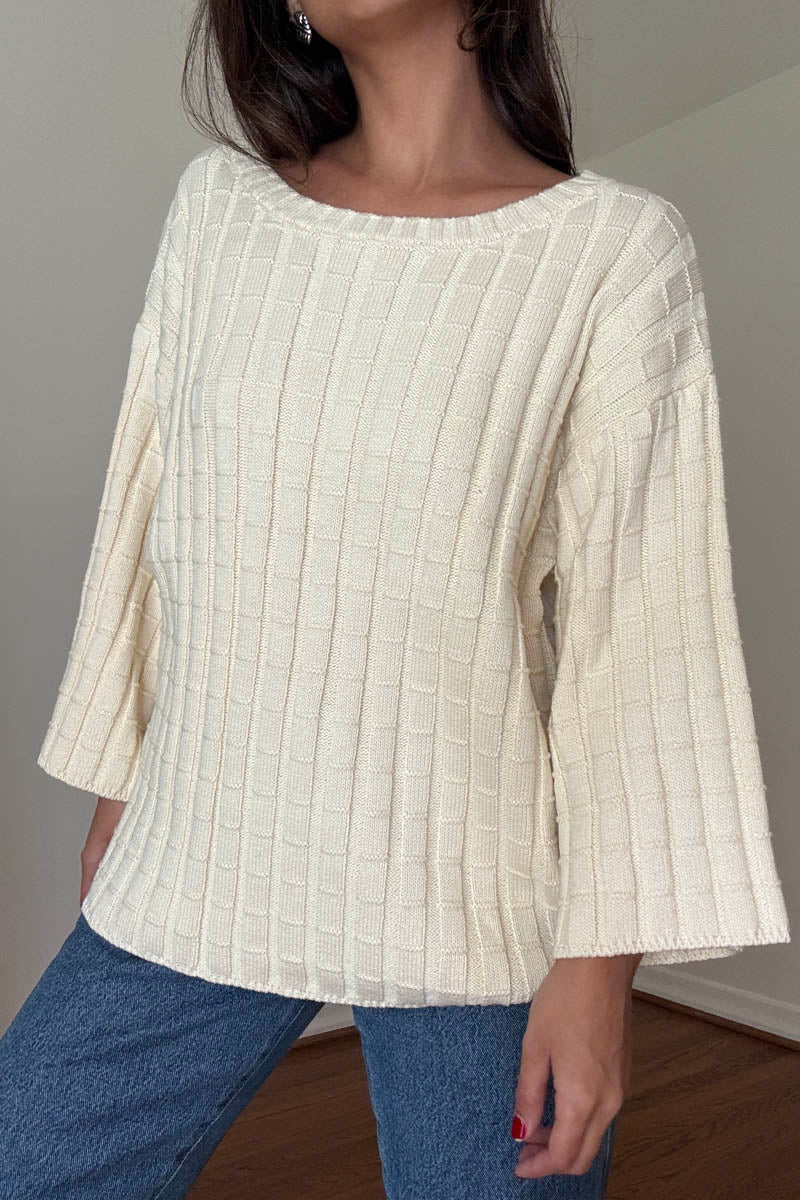 Cotton Boat Neckline 3/4 Sleeve Sweater Top