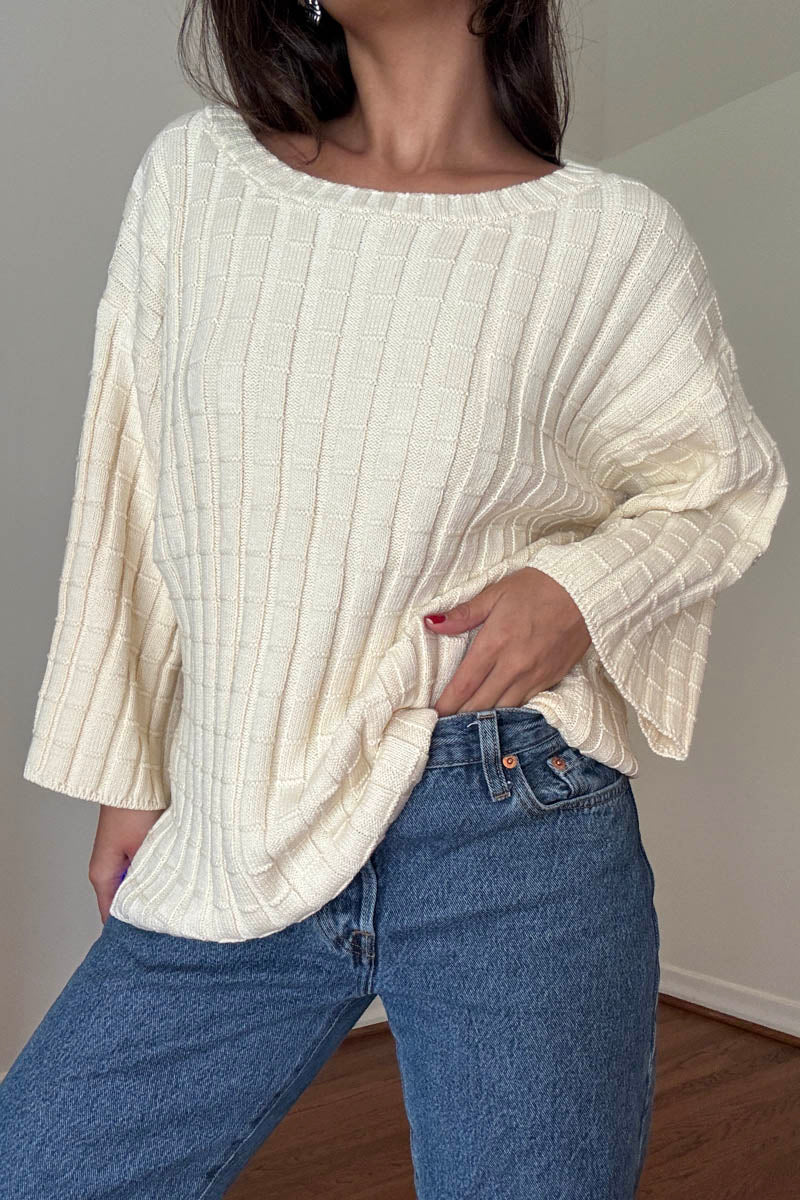 Cotton Boat Neckline 3/4 Sleeve Sweater Top