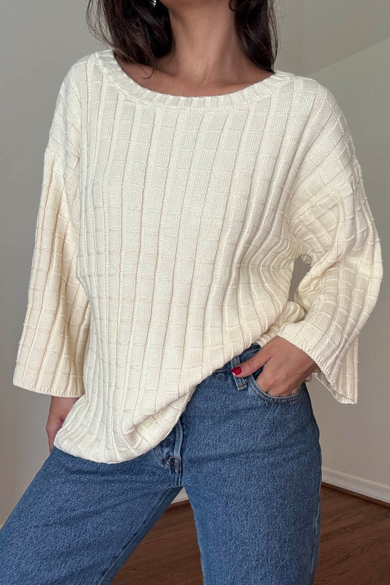 Cotton Boat Neckline 3/4 Sleeve Sweater Top