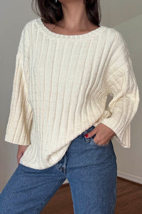 Cotton Boat Neckline 3/4 Sleeve Sweater Top