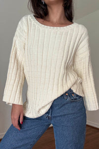 Cotton Boat Neckline 3/4 Sleeve Sweater Top