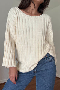 Cotton Boat Neckline 3/4 Sleeve Sweater Top