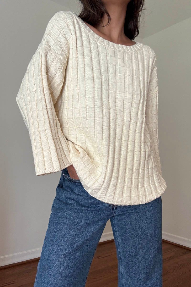 Cotton Boat Neckline 3/4 Sleeve Sweater Top