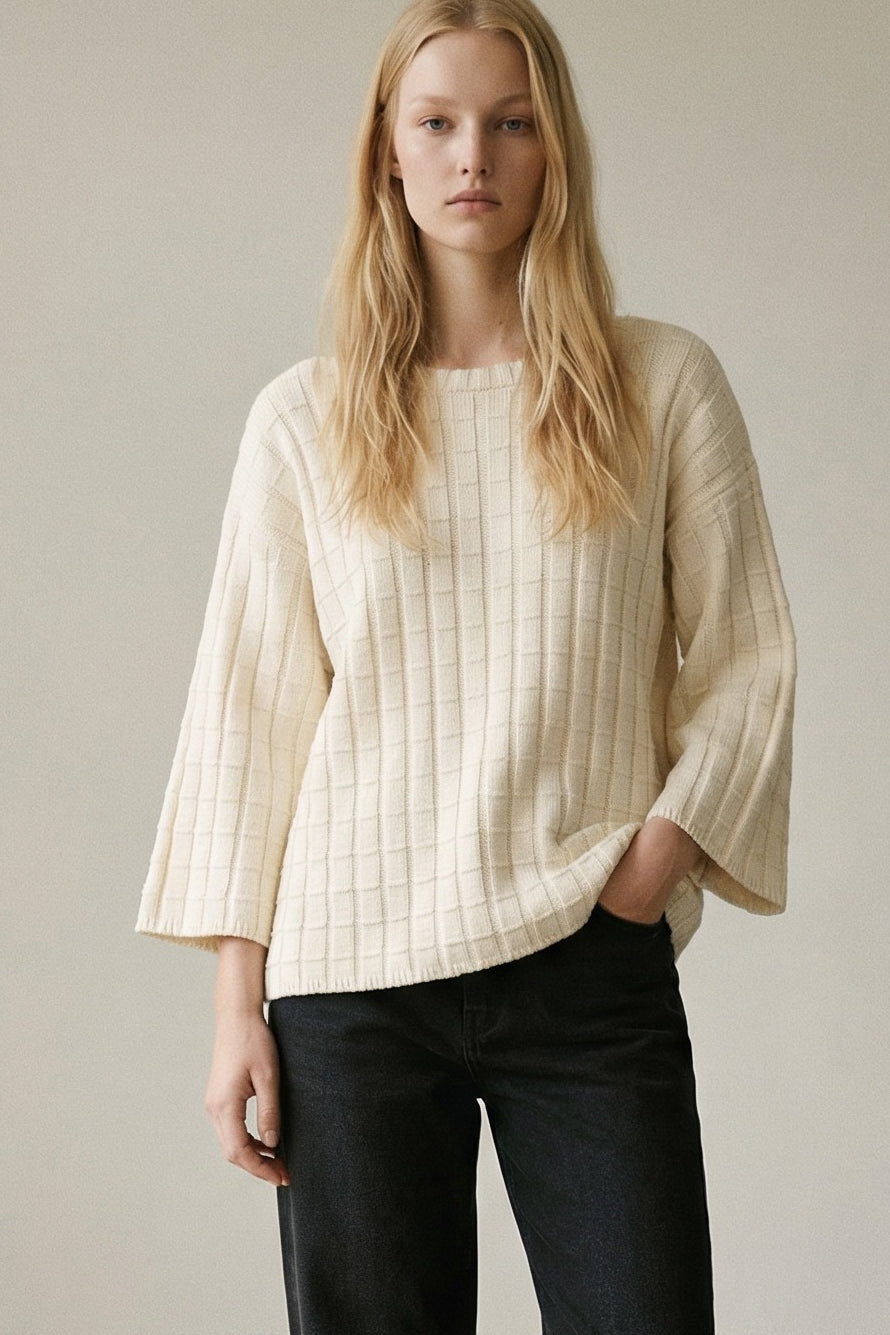 Cotton Boat Neckline 3/4 Sleeve Sweater Top