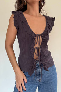 Knit Ruffle V-Neck Tie Front Sleeveless Top