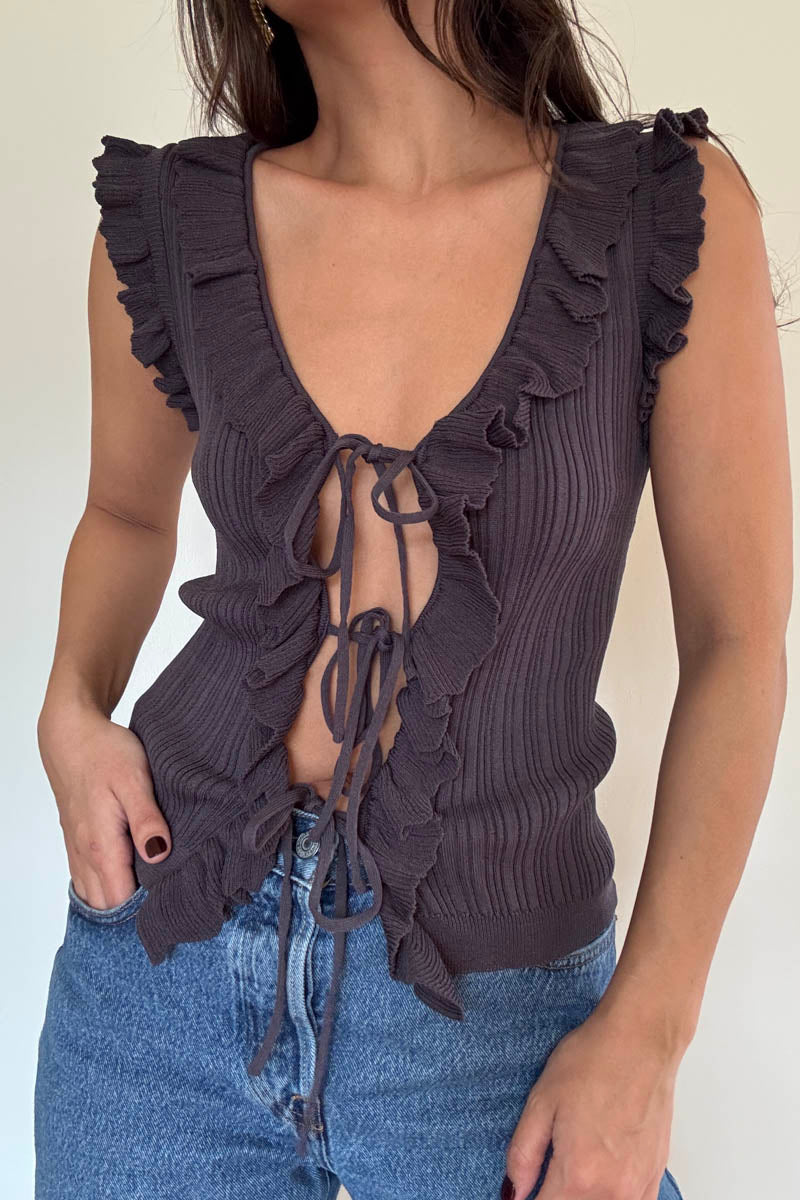 Knit Ruffle V-Neck Tie Front Sleeveless Top
