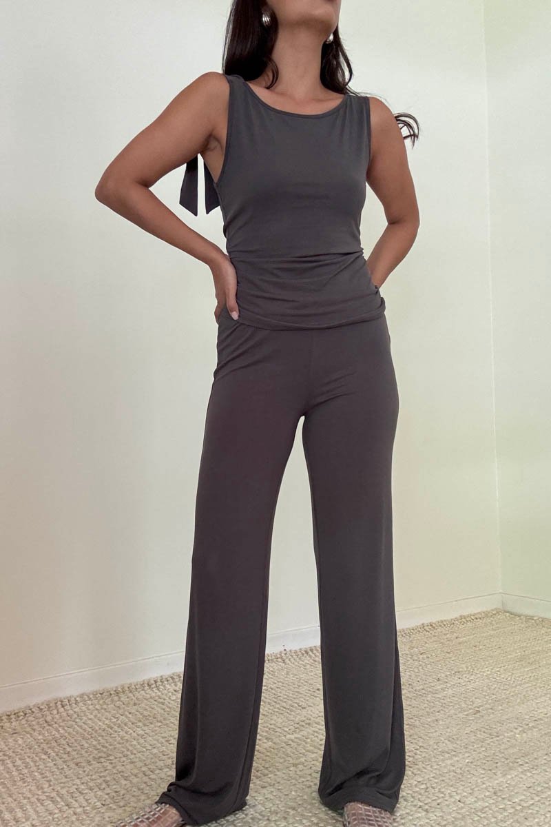 Grey Shoulder Tie Top And Pant Set