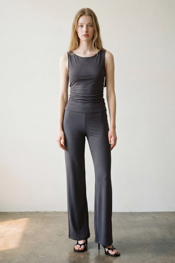Grey Shoulder Tie Top And Pant Set