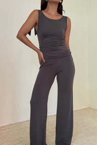 Grey Shoulder Tie Top And Pant Set