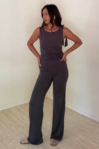 Grey Shoulder Tie Top And Pant Set