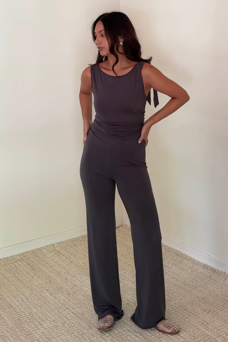 Grey Shoulder Tie Top And Pant Set
