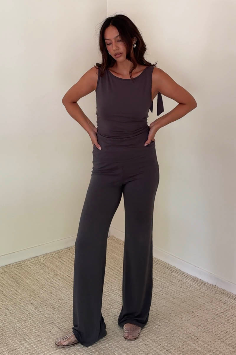 Grey Shoulder Tie Top And Pant Set