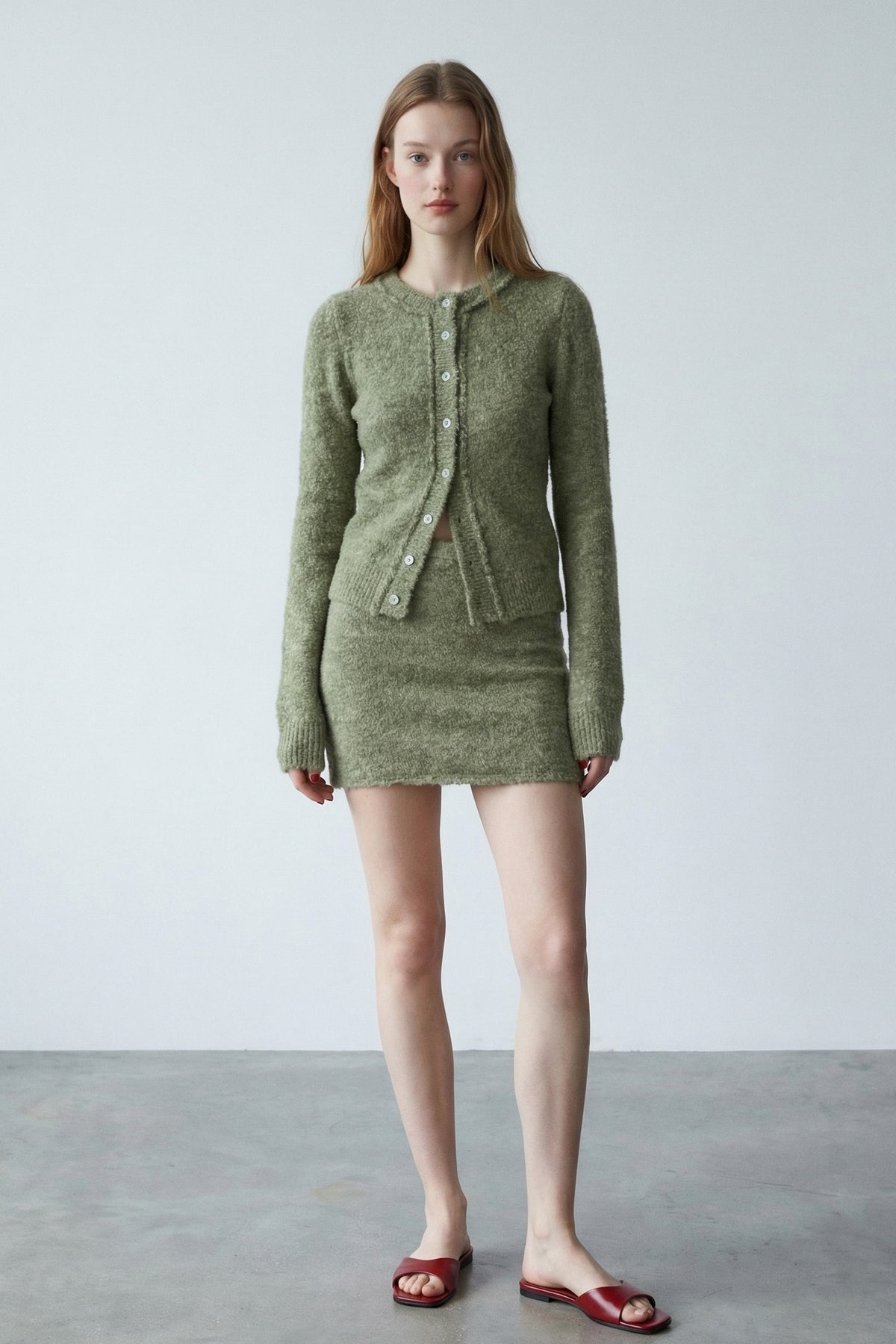 Boucle Knit Cardigan W/ Mini Skirt Set