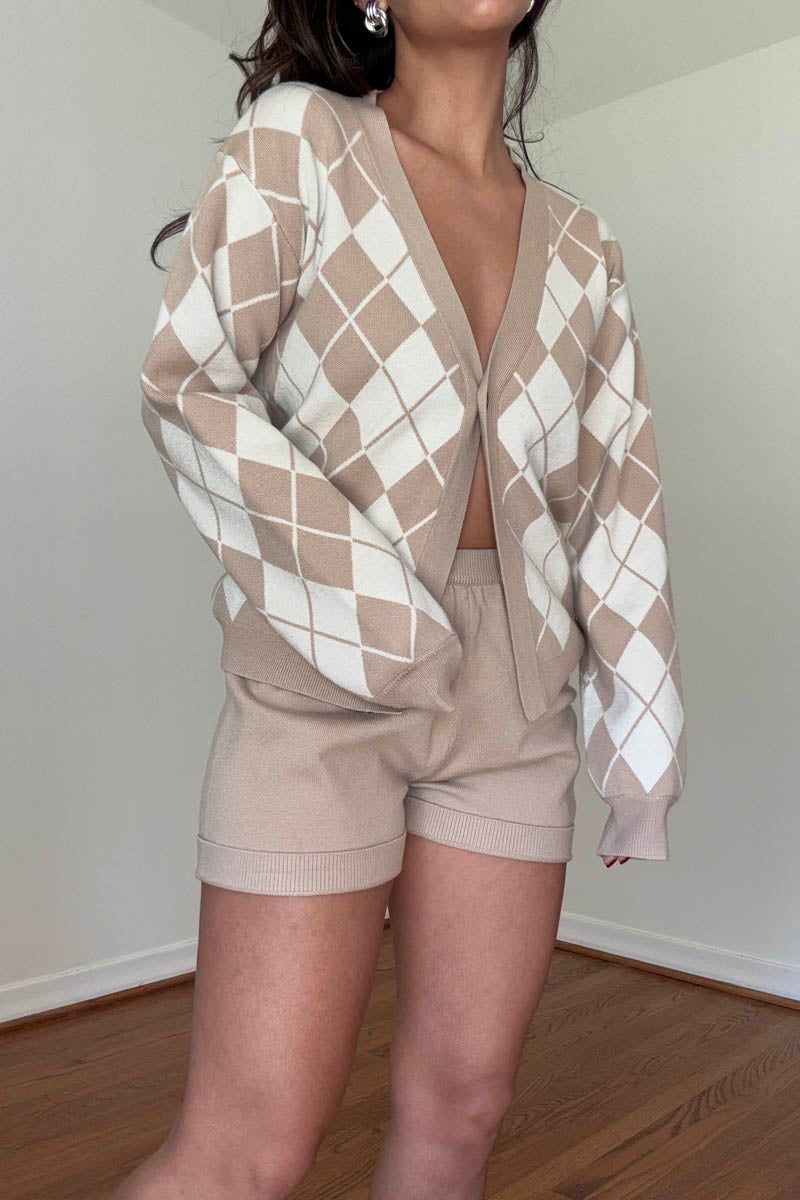 Argyle Cardigan & Knit Shorts Set