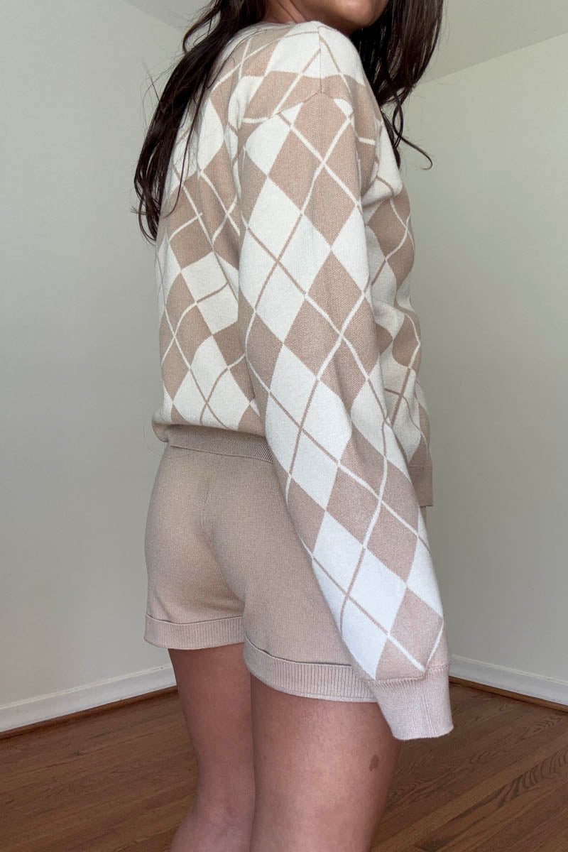 Argyle Cardigan & Knit Shorts Set