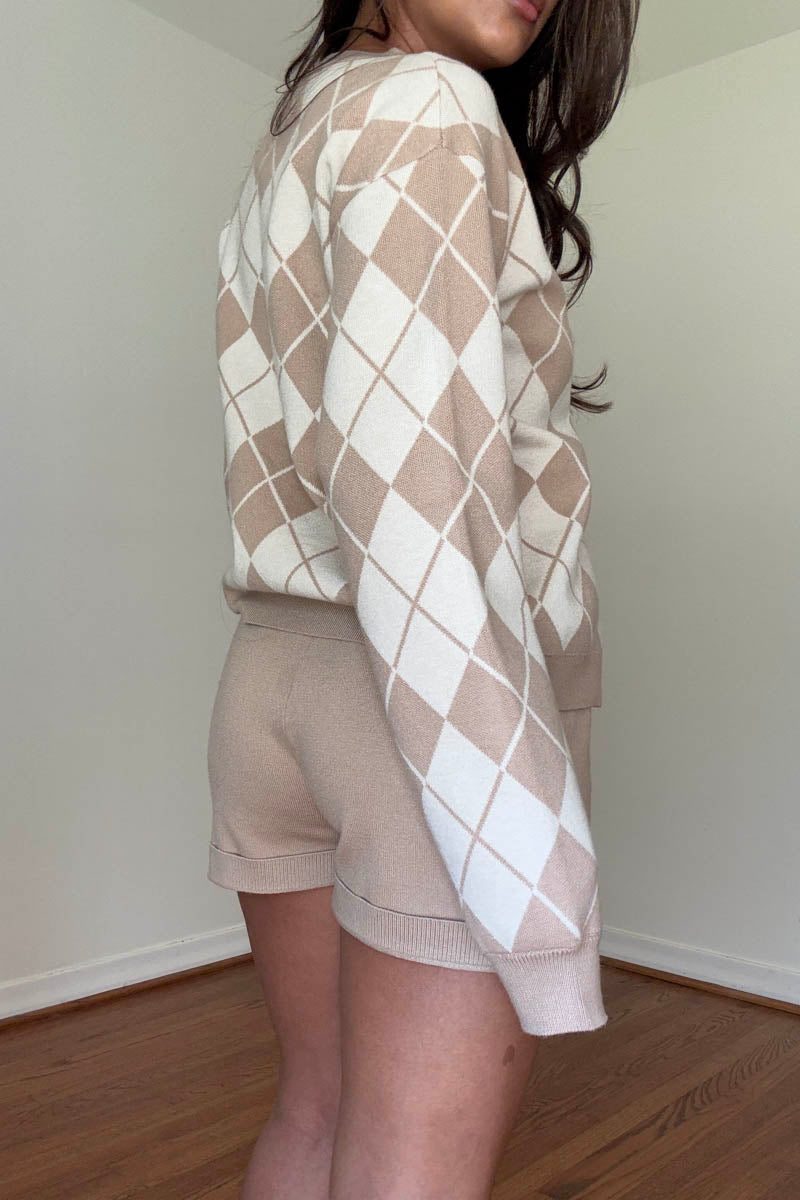 Argyle Cardigan & Knit Shorts Set