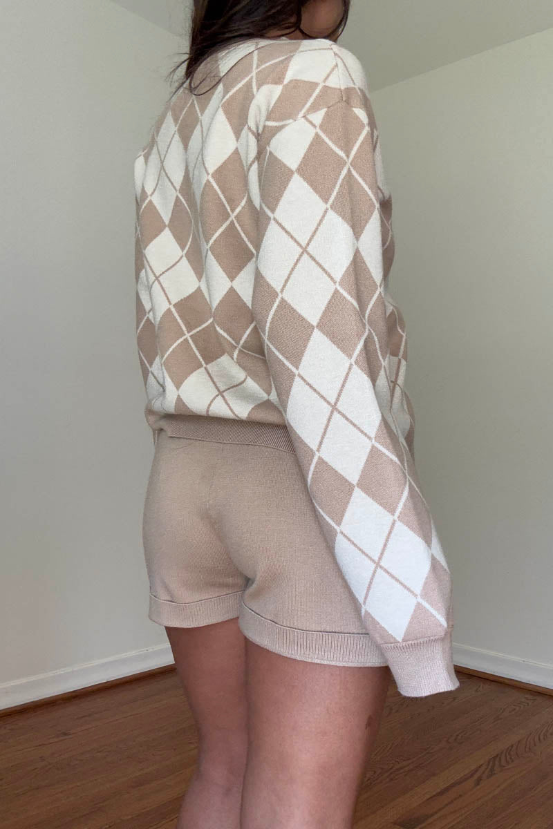 Argyle Cardigan & Knit Shorts Set